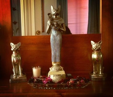 Bastet Altar, Bast Goddess, Alter Space, Goddess Temple, Bastet Goddess, Rustic Family Room, Egyptian Cat Goddess, Spiritual Room, Cat Goddess