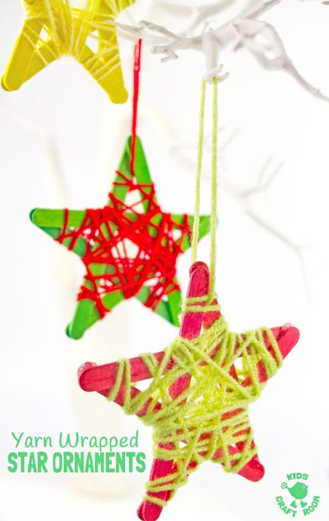 YARN WRAPPED STAR ORNAMENTS are a fun popsicle stick craft to build fine motor skills. They look great hanging on the Christmas tree, as a bedroom mobile or for a Space themed study topic. Kids Craft Room, Star Ornaments, Tree Themes, Christmas School, Popsicle Stick Crafts, Preschool Christmas, Easy Christmas Crafts, Kids Ornaments, Christmas Tree Themes