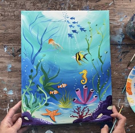 Under The Sea Painting - Step By Step Acrylic Tutorial For Beginners Under The Sea Drawings, Underwater Drawing, Sea Life Painting, Ocean Drawing, Sea Drawing, Underwater Painting, Underwater Scene, Sea Life Art, Underwater Art