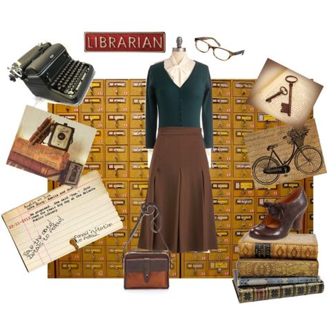 Librarian Chic by dathacurtis on Polyvore featuring Moon Collection, Cheap Monday, Naya, Madewell, Warby Parker, keys, librarian, bicycle, vintage and mary janes Retro Librarian Style, Librarian Fashion Aesthetic, Librarian Chic Outfits, Steampunk Casual, Librarian Costume, Bookish Fashion, Outfits On Amazon, Librarian Style, Librarian Chic