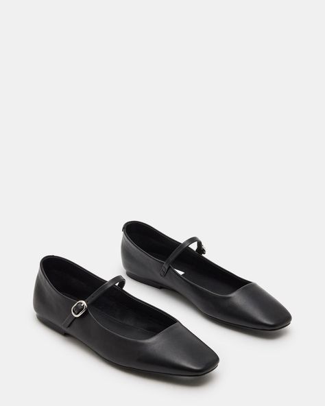 MAPLE Black Leather Mary Jane Ballet Flat | Women's Flats – Steve Madden Mary Jane Flats Outfit, Kitten Heel Slingbacks, Ballet Flats Outfit, Mary Jane Ballet Flats, Flats Outfit, Leather Socks, Shoe Inspo, Black Ballet Flats, Womens Ballet Flats