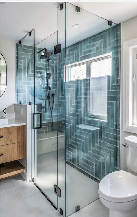 Bathroom New Build, Garage Remodel Ideas, Master Shower Tile, Curbless Showers, Blue Shower Tile, Teal Bathroom Ideas, Tile Walk In Shower, Teal Tile, Teal Bathroom