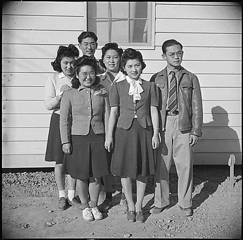 Poston, Arizona. Front row: Hideko Kimoto, Marianne Nosui, Aki Sakuma, Tadako Yoshwaru, George Fujii . . ., 01/04/1943  U.S. National Archives’ Local Identifier: 210-G-A824  From: Record Group/Collection: 210  Record Hierarchy Level: Item   Scope and Content Note: The full caption for this photograph reads: Poston, Arizona. Front row: Hideko Kimoto, Marianne Nosui, Aki Sakuma, Tadako Yoshwaru, George Fujii. Back row: Hidio Zumo. The legal staff at Camp 1.   Reference Unit: Still Pictu... Japanese Internment, Still Picture, Back Row, State Of Arizona, Canadian History, Japanese American, National Archives, Colorado River, Relocation