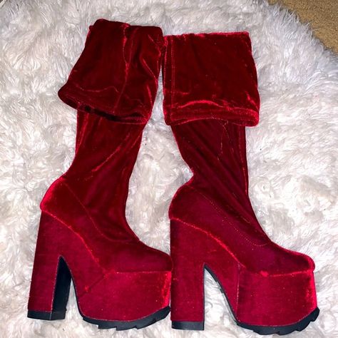 Red thigh high velvet boots Red Velvet Thigh High Boots, Velvet Thigh High Boots, Red Velvet Heels, Yru Shoes, Velvet Boots, Velvet Heels, Red Boots, Costume Cosplay, Thigh High Boots