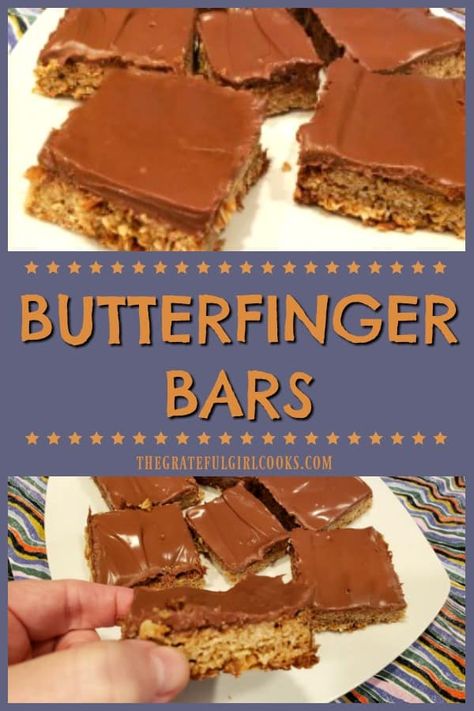 Butterfinger Bars are incredible tasting, crisp, buttery oat bars, topped with a creamy milk chocolate/peanut butter icing. This easy recipe makes 24! via @gratefuljb Score Bars Recipe, Butter Finger Bars, Butterfinger Desserts, Butterfinger Brownies, Peanut Butter Finger Bars, Homemade Butterfinger Bars, Sheet Pan Peanut Butter Cookie Bars, Butterfinger Bark With Cheeze Its, Butterfinger Bars