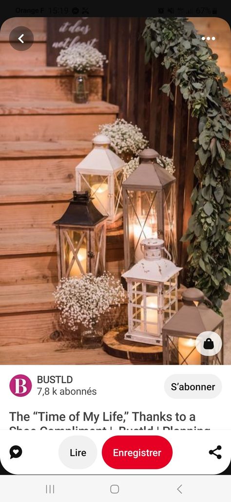 Lanterns And Candles Wedding Aisle, House Of The Bride Decoration, November Backyard Wedding Ideas, Lamp Wedding Decoration, Wedding Steps Decorations, Stairs Wedding Decoration, Bride House Decoration, Garden Ideas Recycled, Wedding Staircase Decoration