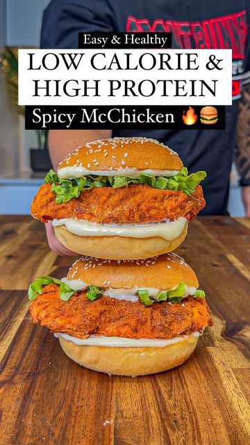 AUSSIE FITNESS 🇦🇺💪🏼 | Dez Cerimagic on Instagram: "Easy & Healthy Spicy McChicken🍔🔥 High Protein & Low Calorie💪🏼 (Per McSpicy - Recipe Makes 2) 392 Calories 38gC | 6gF | 44gP Ingredients: 300g Skinless Chicken Breast (raw weight - 150g each fillet) Season Chicken With: 1 Tsp Salt, 1 Tsp Garlic Powder, 1 Tsp Onion Powder, 1 Tsp Smoked Paprika, 1 Tsp Chilli Powder, 1/2 Tsp Cayenne Pepper (add more or less cayenne pepper depending on your spice tolerance) 40g Plain All Purpose Flour (not all of this is used - only 24g in total was picked up after the chicken is coated) Season Flour With: 1/2 Tsp Garlic Powder, 1 Tsp Smoked Paprika, 1/2 Tsp Chilli Powder 2g Baking Powder 1 Egg (whisked) Sauce: 40g Light or Fat Free Mayonnaise (Heinz Light Mayonnaise or Callowfit Mayo Style Sauce) 1/3 T High Protein Meals For Men, Mcdonalds Chicken Sandwich, Spicy Mcchicken, Aussie Fitness, Low Calorie Lunch, Healthy Board, Low Calorie High Protein, Season Chicken, High Protein Meal Prep