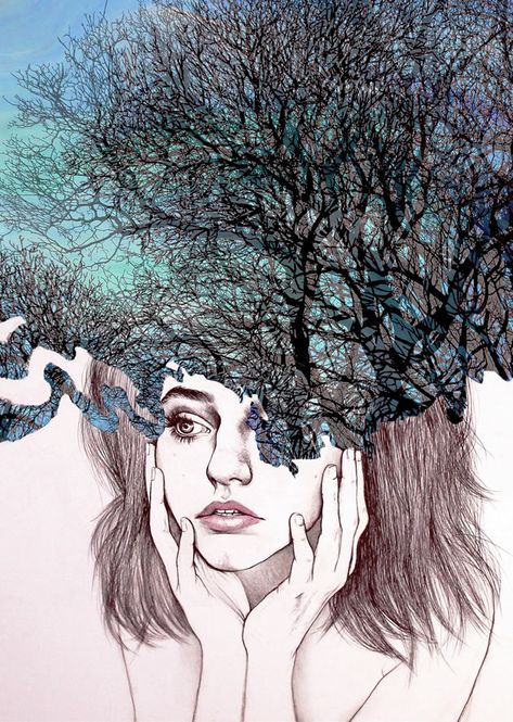 This self-portrait, 'Scatterbrain', was part of Kate's exam submission. It combines both traditional and digital techniques, with a photograph of a tree overlaid onto a painted background. Reflection Art, Ap Studio Art, Theme Nature, Illustration Photo, Gcse Art, Identity Art, Charles Bukowski, A Level Art, Ap Art