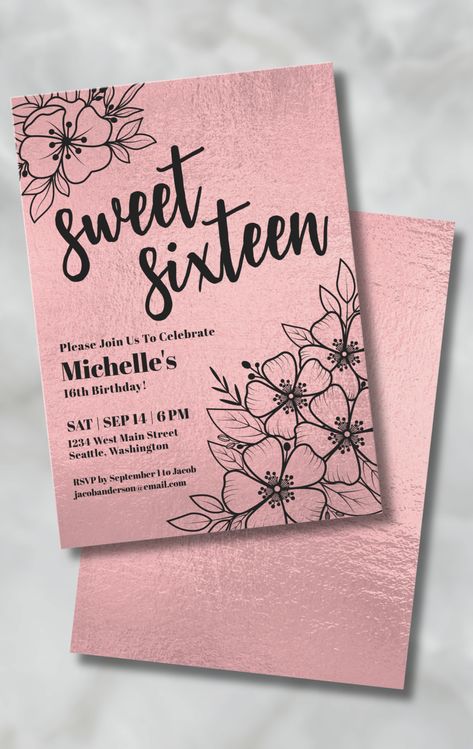 Elegant Rose Gold Floral Sweet Sixteen 16th Birthday Party Invitation Black Pink Flowers Girly Chic Elegant Sweet 16, Gold Foil Background, Foil Background, Classic Serif Fonts, 16th Birthday Invitations, Script Typography, 80th Birthday Party, Sweet Sixteen Birthday, 16 Birthday