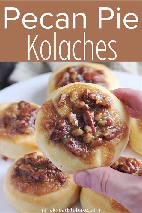 These pecan pie kolaches are made with a soft and buttery dough with a hint of nutmeg.  They are topped with a sticky, sweet pecan pie filling.  A perfect autumn treat! Recipe For Kolaches, Kolache Recipe Nut Filling, Kolache Recipe, Pecan Pie Easy, Pecan Pie Filling, Bake Recipes, Pecan Recipes, Fall Treats, Pecan Pie