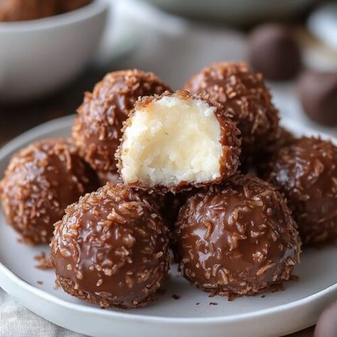 Mounds Balls, Coconut Delight, Coconut Bites, Chocolate Work, Coconut Balls, Dessert Bar Recipe, Parchment Paper Baking, Bite Size Desserts, Almond Joy