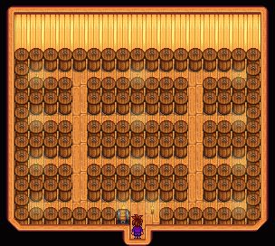 To make money to reach the 67 Million Gold Earned Challenge I needed Kegs. I had 6 fully upgraded Sheds with 131 Kegs each. One of the seven total Sheds was needed to process the Greenhouse Fruit Trees into Preserves Jars. This Shed had 129 Preserve Jars. Preserve Jars Stardew Valley, Stardew Valley Preserve Jar, Stardew Hacks, Stardew Expanded, Stardew Design, Greenhouse Fruit, Stardew Layout, Stardew Ideas, Stardew Valley Layout