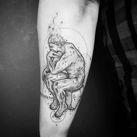 Tatto Thinker The Thinker Tattoo, Thinker Tattoo, Leave Tattoo, Sisyphus Tattoo, Daniel Tattoo, Sleeve Inspiration, Tattoo Black, Neck Tattoo, Black And Grey Tattoos