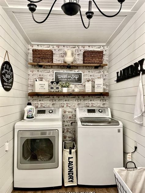 Laundry Room Ideas Brick Wall, Brick In Laundry Room, Brick Laundry Room Wall, Brick Wall Laundry Room, Brick Laundry Room, Distressed Brick Wall, Bright Laundry Room, Brick Wall Ideas, Fireplace Makeovers