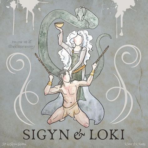 Water Of Whimsy, Sigyn Goddess, Loki Norse God, North Mythology, Loki Mythology, Loki And Sigyn, God Of Mischief, Loki God Of Mischief, Whimsy Art