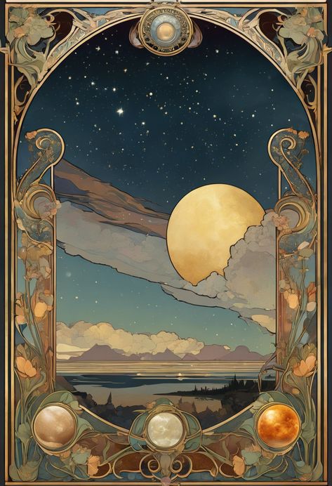 Nouveau Celestial Collision Check more: https://paintlyx.com/nouveau-celestial-collision/ Winter Art Nouveau, Celestial Art Nouveau, Tarot Cards Art Illustration, Room Crafts, Aquarius Art, Rennaissance Art, Cosmic Art, Cloud Art, 카드 디자인