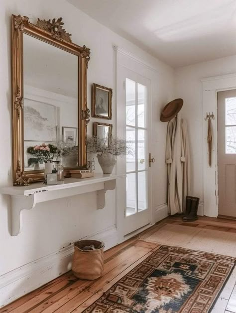 Small Entryway To Living Room, Parisian Chic Entryway, Boho Foyer Ideas, Small Entryway Lighting Ideas, Small Narrow Foyer Ideas Entryway, Modern Parisian Entryway, Small Space Coat Storage, Narrow Entryway Storage Ideas, How To Decorate Entryway