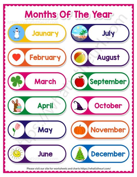 It is a general chart of the months in a year. It is colorful and scalable. I mean scalable because, it can be printed at any size you want. So, the images won’t look blurry.Please download the PDF chart printable A Beautifully Designed Chart on Months of a year Months Of The Year Chart, Printable Months Of The Year, Preschool Charts, English Activities For Kids, Kids Worksheets Preschool, Learning English For Kids, English Phonics, Kindergarten Learning Activities, Flashcards For Kids