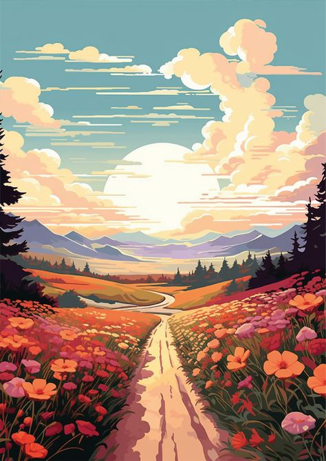 "Walk in to the Sun" is a series of full-color art prints depicting a long road crossing various elements of the landscape towards adventure. Road Art Drawing, Winding Road Drawing, Path Illustration, Road Drawing, Path Art, Road Crossing, Sunset Road, Road Art, Custom Portrait Illustration