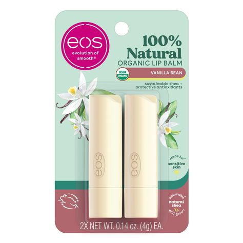 Eos 100% Natural & Organic Lip Balm Sticks- Vanilla Bean, All-Day Moisture, Dermatologist Recommended, 0.14 oz, 2-Pack Shea Butter Oil, Winter Lips, Vanilla Lip Balm, Lip Balm Stick, Eos Lip Balm, Organic Lip Balm, Natural Lip Balm, Moisturizing Lip Balm, Dermatologist Recommended