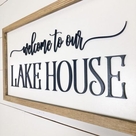 Lake House Wood Signs, Small Lake House Decor, Lakehouse Bedroom Ideas, Lake Home Decorating Ideas, Cottage Signs Wooden, Lake House Decorating Ideas, Cozy Lake House, Lake House Bedroom Decor, Modern Lake House Decor