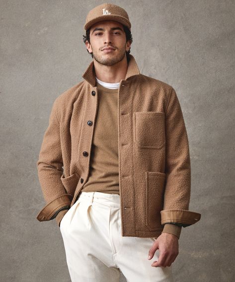 Italian Brushed Wool Chore Coat in Camel - Todd Snyder Class Outfits, Brown Crewneck, China Clothes, Flannel Hoodie, Outfits Hombre, Todd Snyder, Chore Coat, Knit Tie, Stylish Mens Outfits