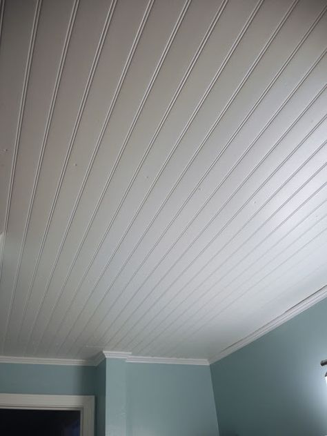 Vinyl beadboard ceiling in bathroom (CM Shaw Studios) Vinyl Beadboard, Ceiling Remodel, Half Bathroom Remodel, Simple Bathroom Remodel, Beadboard Ceiling, Kitchen Ceiling, Bathroom Ceiling, Bedroom Ceiling, Basement Bathroom