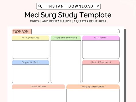 Med Surg Study Template Printable, Pathophysiology Template, Medical Surgical Nursing, Disease Process Template, Concept Map, A4/Letter PDF Med Surg Template, Medication Study Template, Med Surg Study Template, Disease Study Template, Med Surg Nursing Study Template, Disease Process Template, Pathophysiology Template, Nursing Concept Map Template, Pathophysiology Nursing Template