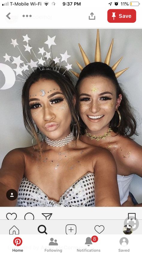 Sun And Moon Costume, Christmas Party Makeup, Moon Costume, Bff Halloween Costumes, Best Friend Halloween Costumes, Halloween Coustumes, Holloween Costume, College Halloween, Halloween Costumes Friends