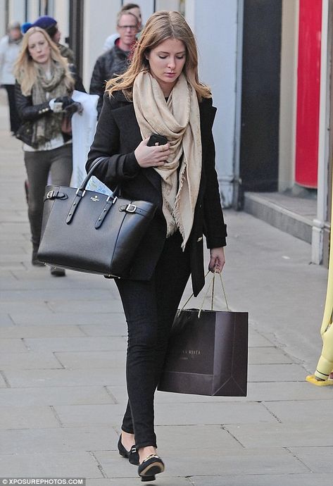 The chic fashionista also carried her trusty black Marylebone tote, by Aspinal of London Aspinal Of London Bag, London Bag, Millie Mackintosh, Louis Vuitton Scarf, Chic Fashionista, Tote Outfit, Made In Chelsea, London Bags, Zara Coat