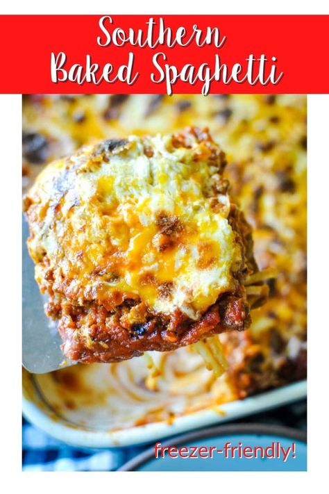 Southern Baked Spaghetti is a comforting dish the whole family will love! Filled with a hearty meat sauce, lots of cheese, and spaghetti noodles. Baked Macaroni And Cheese With Spaghetti Noodles, Easy Baked Spaghetti With Cream Cheese, Baked Spagetti Recipe With Cream Cheese, Baked Cream Cheese Spaghetti Casserole, Baked Spaghetti Uncooked Noodles, Easy Baked Spaghetti Recipe, Baked Spaghetti Casserole, Baked Spaghetti Recipe, Spaghetti Casserole