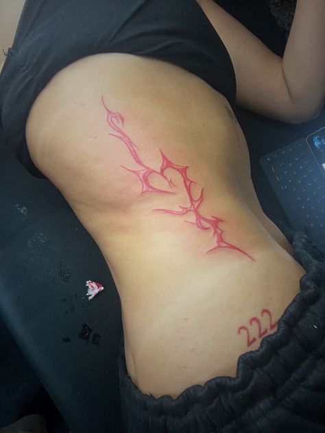 Red Tattoo After Years, Red Side Tattoo, Cool Red Tattoos, Faded Red Tattoo, Red Matching Tattoos, Heart Spine Tattoo, Red And Black Tattoo Women, Red Angel Tattoo, Y2k Heart Tattoo