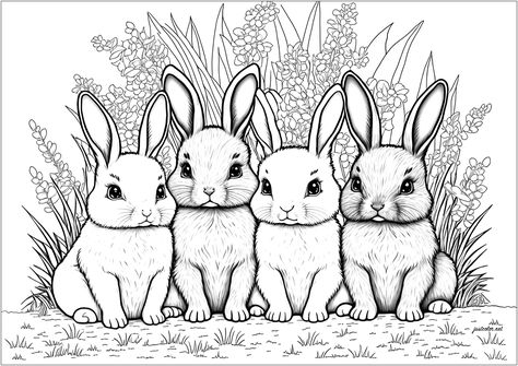 Four cute little bunnies to color, with a leafy background - JustColor.net : Free adult printable coloring pages Bunnies Coloring Pages, Sunflower Coloring Pages, Puppy Coloring Pages, Bunny Coloring Pages, Spring Coloring Pages, Easter Coloring Pages, Adult Coloring Book Pages, Cat Coloring Page, Easy Coloring Pages