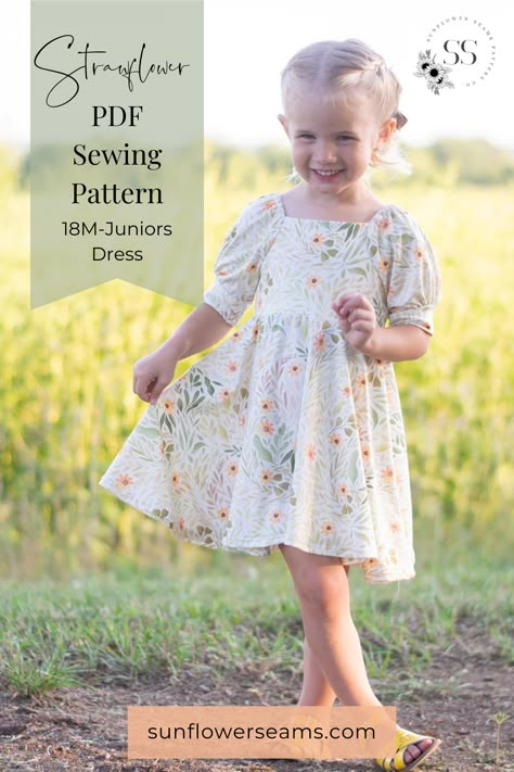 Strawflower is tailor-made for little ones who adore the joy of twirling! Designed to be a dress for all seasons, Strawflower is a true wardrobe staple. Whether it's a sunny summer day or a crisp autumn afternoon, your child will always have the perfect dress to wear. With our Strawflower PDF sewing patterns, you can create bespoke garments that reflect your child's unique personality and style. Let the twirling adventures begin! Mommy And Me Dress Pattern, Kids Dress Patterns Free, Easy Sew Kids Clothes, Sewing Kids Clothes Patterns, Free Dress Patterns For Kids, Sewing Toddler Clothes, Free Toddler Dress Pattern, Free Apron Sewing Patterns, Circle Skirt Dress Pattern