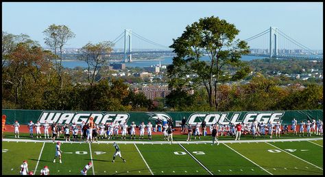 homecoming game with the Verrazano-Narrows Bridge and New York City in the background at Wagner College in the Staten Island borough of New York City Wagner College, College Homecoming, Homecoming Games, Alpha Sigma, University Campus, Proud Mom, Staten Island, Big Apple, Colleges And Universities