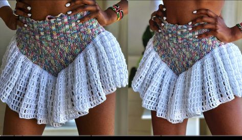 Crochet High Low Skirt, Crochet Shorts With Ruffles, Crochet Bloomers Women, Crochet Skirt Set Pattern, Crochet Skater Skirt Pattern Free, Crochet Skirt Patterns Free, Crochet Skirt And Top Set Free Pattern, Crochet Dress Short, Crochet Festival Skirt