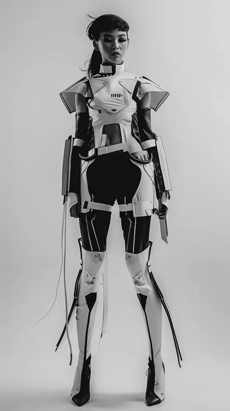 Full Color Image in ai-img-gen.com 🔸 a black and white female model standing confident wearing a fashionable futuristic outfit --ar 9:16 ... 🔸 From Midjourney AI Image High Contrast Photos, Model Standing, Serious Expression, Meet The Robinson, Dystopian Fashion, Black And White Outfit, Witch House, Futuristic Fashion, Avant Garde Fashion