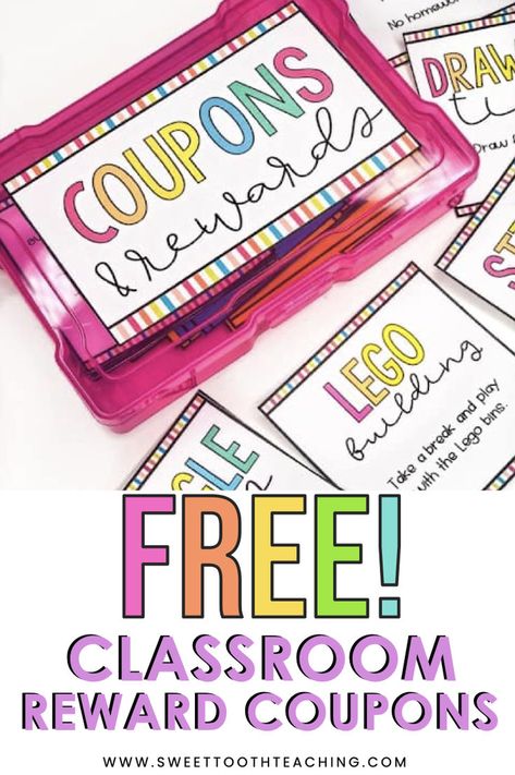 Download these FREE classroom reward coupons for your elementary classroom. These coupons give several easy reward ideas for you to use to manage student behavior, reward students for hard work or good choices, or to give your class a reward for working together as a team. However you want to celebrate your students, this free download for teachers will help. Free Student Rewards, Free Classroom Rewards, Teacher Coupons, Student Reward Coupons, Classroom Reward Coupons, Classroom Management Rewards, Class Reward System, Classroom Money, Classroom Coupons