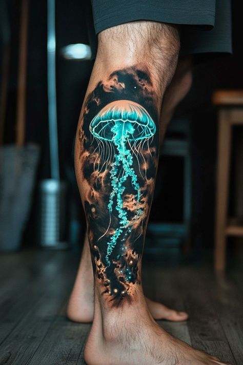 176 Unique & Enchanting Jellyfish Tattoo Designs That Stand Out – Refined Aesthetique Scary Jellyfish Tattoo, Shark Cover Up Tattoo, Octopus Leg Tattoos Women, Jellyfish Tattoo Men, Jellyfish Leg Tattoo, Puffer Fish Tattoo, Water Themed Tattoos, Sea Dragon Tattoo, Bioluminescent Jellyfish