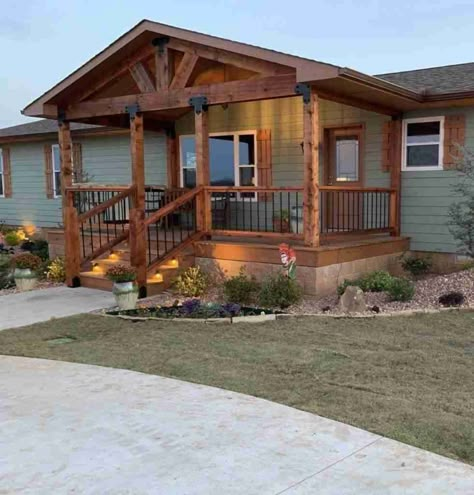 Mobile Home Improvements that can Increase the Value of Your Home Double Wide Front Porch, Double Wide Front Porch Ideas, Manufactured Home Exterior, Wide Front Porch, Mobile Home Improvements, Mobile Home Siding, Mobile Home Roof, Double Wide Remodel, Brick Farmhouse