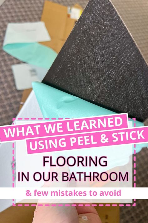 hand pulling back backing on peel and stick tiles with text overlay what we learned using peel and stick flooring in our bathroom. Brown Bathroom Floor, Sticky Tile Floor, Stick On Tiles Bathroom, Peel And Stick Flooring, Tile Over Tile, Bathroom Floor Tile Ideas, Flooring On Walls, Self Adhesive Floor Tiles, Floor Tile Ideas