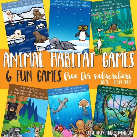 Homeschool Printables for FREE uses affiliate links. I am thrilled to bring you a brand new subscriber freebie from one of my dear friends… These animal habitat games are a great way to have fun learning about 72 different animals and six animal habitats. Each game covers 12 animals and includes two versions of a … Antarctic Animals, Animal Habitat, Teaching Freebies, Free Homeschool Printables, Christian Homeschool, Homeschool Freebies, Different Animals, Rainforest Animals, Literacy Games