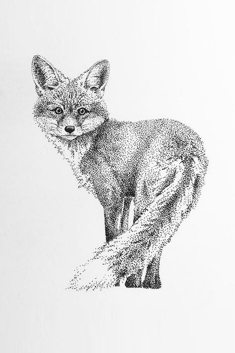 Black and white drawing of a fox in dot style. Simple Piercings, Uterus Tattoo, Fox Pencil Drawing, Dot Drawings, Dotwork Art, Pointalism Art, Stippling Drawing, Dotted Drawings, Stippling Art