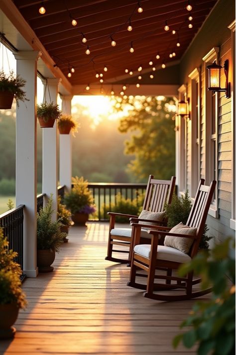 Farmhouse porch with wooden rocking chairs and hanging plants Porch Rocking Chair Decor, Front Porch Sitting Ideas, Rocking Chairs On Front Porch, Table On Porch, Hanging Porch Chair, Long Front Porch Ideas, Southern Porch Decor, Front Porch With Rocking Chairs, Front Porch Sitting Area