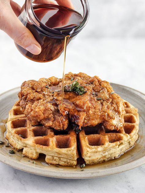 Sage Fried Chicken and Waffles (With Hot Maple Syrup) – The Kitchen Coalition Chicken Waffles Recipe, Fried Chicken Waffles, Chicken Waffles, Fried Chicken And Waffles, Frozen Waffles, Waffle Fries, Waffles Recipe, Breakfast Meal, Perfect Brunch