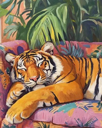 ↑↑↑ Larger size on website 🔸 A large, orange tiger with black stripes is sleeping on a pink and green patterned couch. Its head i Tiger Sleeping, Patterned Couch, Tropical Backdrop, Painting Tiger, Tiger Drawing, Orange Tiger, Tiger Painting, Leaves And Branches, Simple Canvas Paintings