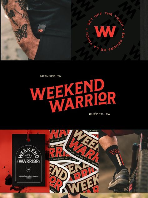 Vintage and simple brand identity and logo for Weekend Warrior, a cool, new mountain bike apparel brand. Branding, brand logo, logo design, vintage logo, logo inspiration, vintage logo ideas, vintage brand identity. Masculine Package Design, Visual Branding Identity, Urban Logo Design Ideas, Clothing Brand Identity Design, Vintage Brand Identity, Sports Brand Identity, Sports Branding Design, Tattoo Shop Branding, Sport Logo Ideas