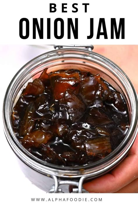 This 6-ingredient caramelized onion jam is rich, sweet, jammy, and packed with flavor (and no pectin!) – perfect for enjoying with a cheese board, over burgers, at Thanksgiving, in a grilled cheese, and more! Apple Onion Jam, Balsamic Onion Jam, Caramelized Onion Jam, Caramel Apple Dessert, Onion Jam Recipe, Pomegranate Jam, Canning Jam Recipes, Caramel Apples Homemade, Balsamic Onions