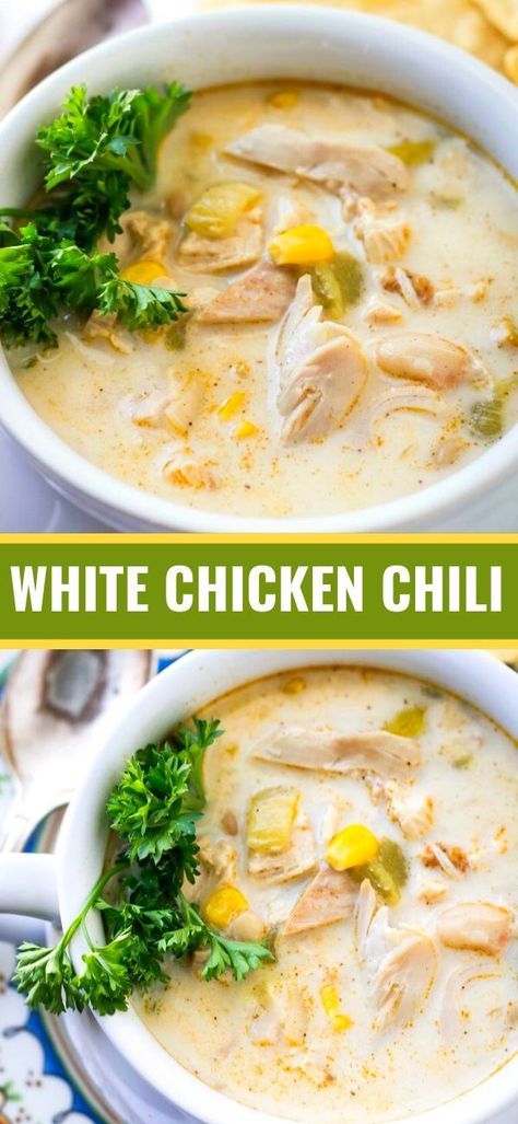 White Chicken Chilli, White Chicken Chili Recipe Crockpot, Chili White, White Chili Recipe, Rotisserie Chicken Recipes Leftover, Rotisserie Chicken Soup, Chili Crockpot, Cubed Chicken, White Chicken Chili Slow Cooker