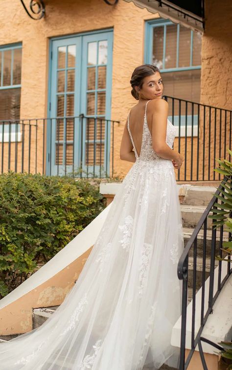 Dreamy Spaghetti Strap Lace Wedding Dress with Plunging Neckline Dress With Plunging Neckline, Timeless Wedding Dress, Ivory Gown, Essense Of Australia, Boutique Wedding, Bridal Salon, Modern Bridal, Glamorous Wedding, Louisville Kentucky